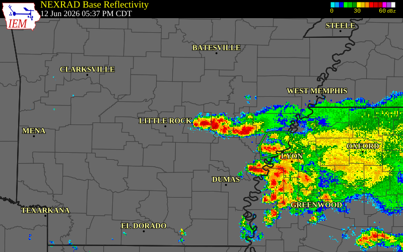 Radar snapshot during the Jun 12, 2026 tornado event near 3 S Sisemore, Lonoke County, Arkansas, with NWS warning polygons