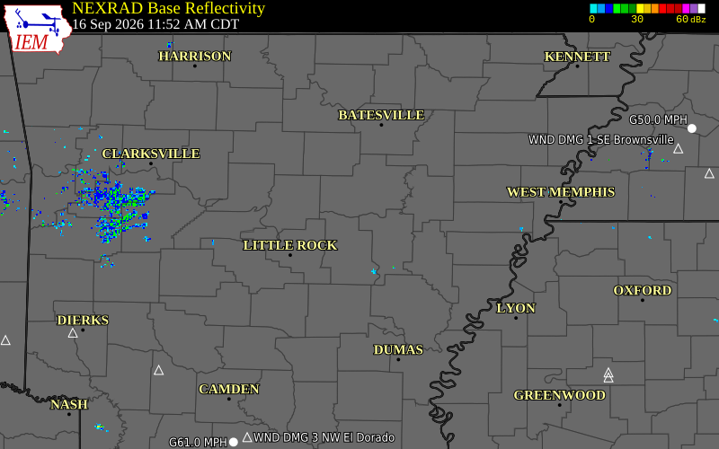 Current NEXRAD radar over Lonoke County, Arkansas with recent storm report locations