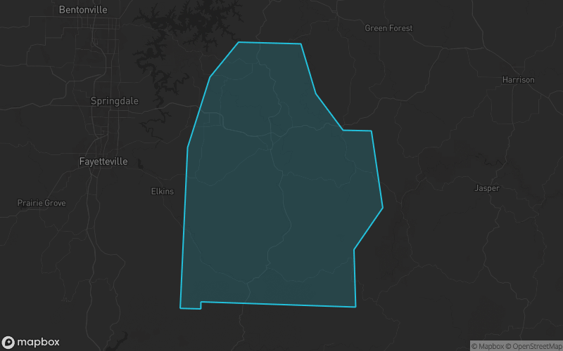 Map of Madison County, Arkansas showing the county boundary and surrounding cities