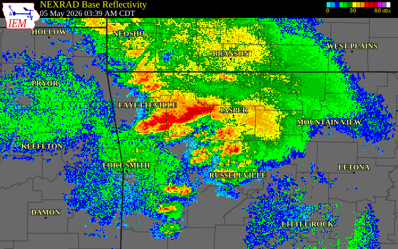 NEXRAD radar during the Tuesday, May 5, 2026 storm activity in Madison County, Arkansas