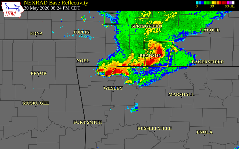 NEXRAD radar during the Saturday, May 30, 2026 storm activity in Madison County, Arkansas