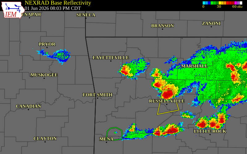 NEXRAD radar during the Monday, June 1, 2026 storm activity in Madison County, Arkansas