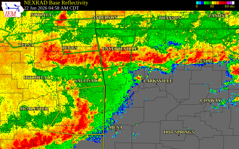 NEXRAD radar during the Monday, June 22, 2026 storm activity in Madison County, Arkansas