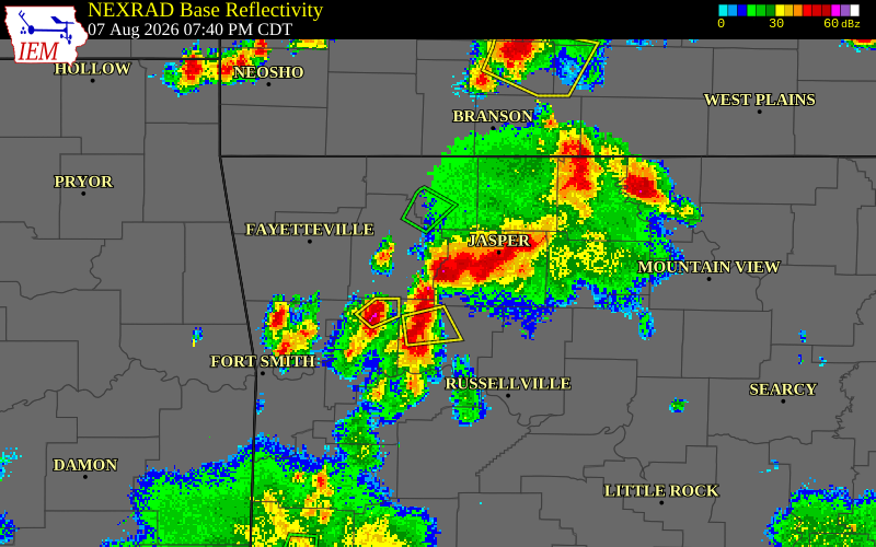 NEXRAD radar during the Friday, August 7, 2026 storm activity in Madison County, Arkansas