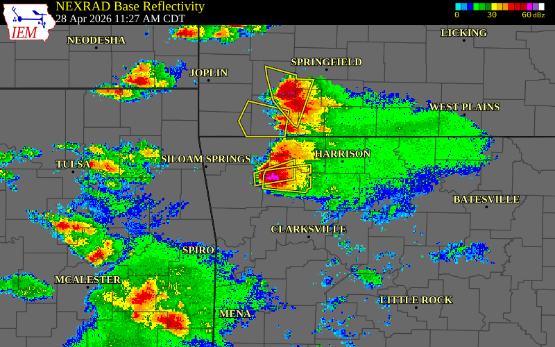 Radar snapshot during the Apr 28, 2026 hail event near 4 ESE Hindsville, Madison County, Arkansas, with NWS warning polygons