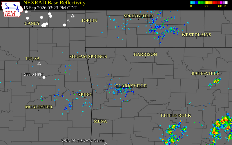 Current NEXRAD radar over Madison County, Arkansas with recent storm report locations