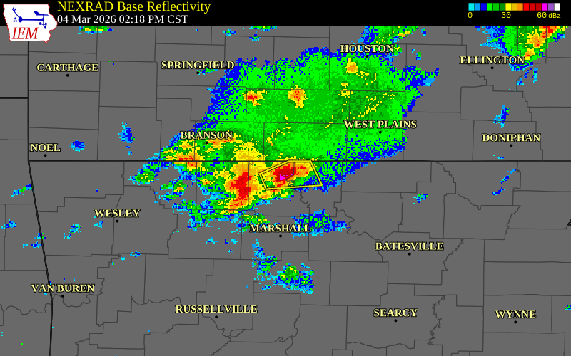 NEXRAD radar during the Wednesday, March 4, 2026 storm activity in Marion County, Arkansas