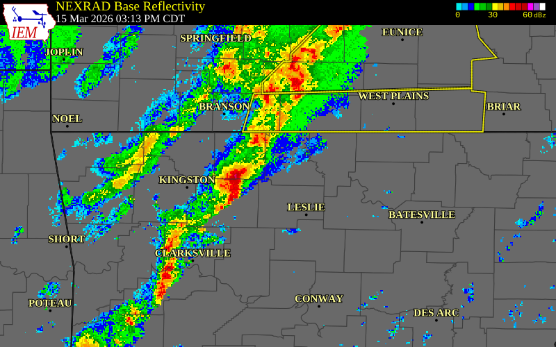NEXRAD radar during the Sunday, March 15, 2026 storm activity in Marion County, Arkansas