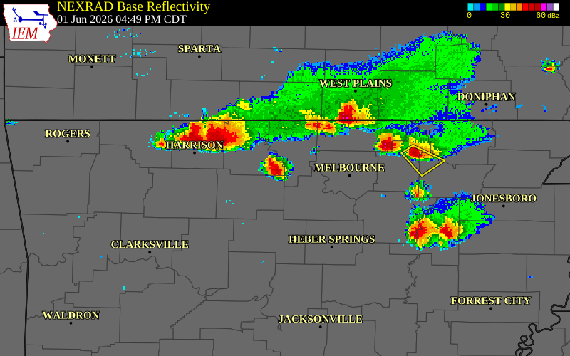 NEXRAD radar during the Monday, June 1, 2026 storm activity in Marion County, Arkansas