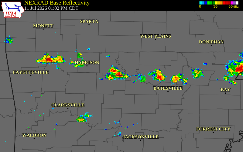 NEXRAD radar during the Saturday, July 11, 2026 storm activity in Marion County, Arkansas