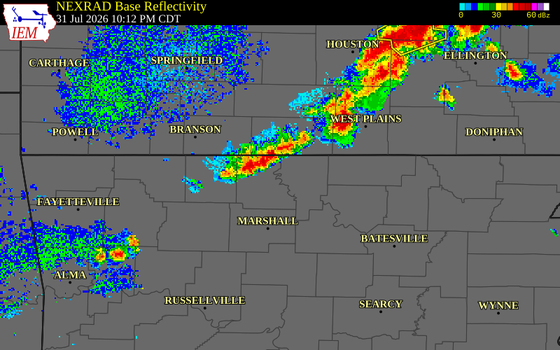 NEXRAD radar during the Friday, July 31, 2026 storm activity in Marion County, Arkansas