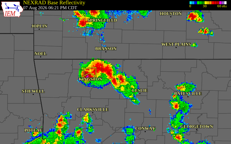 NEXRAD radar during the Friday, August 7, 2026 storm activity in Marion County, Arkansas
