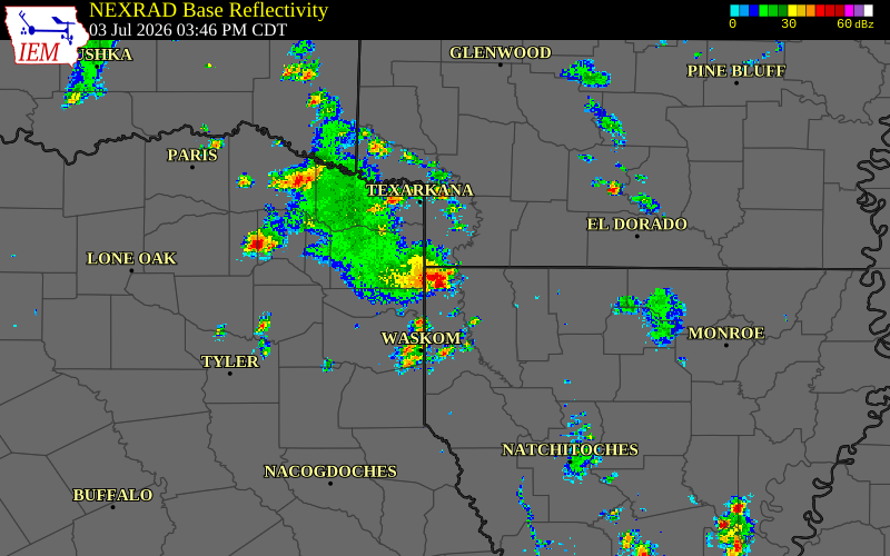 Radar snapshot during the Jul 3, 2026 wind event near Marion County, Marion County, Arkansas, with NWS warning polygons