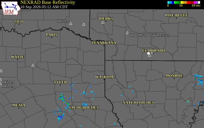 Current NEXRAD radar over Marion County, Arkansas with recent storm report locations