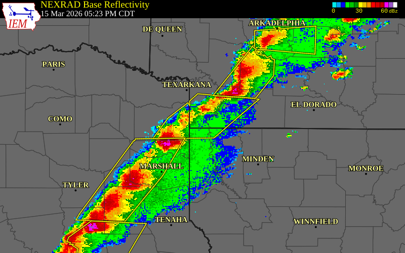 NEXRAD radar during the Sunday, March 15, 2026 storm activity in Miller County, Arkansas