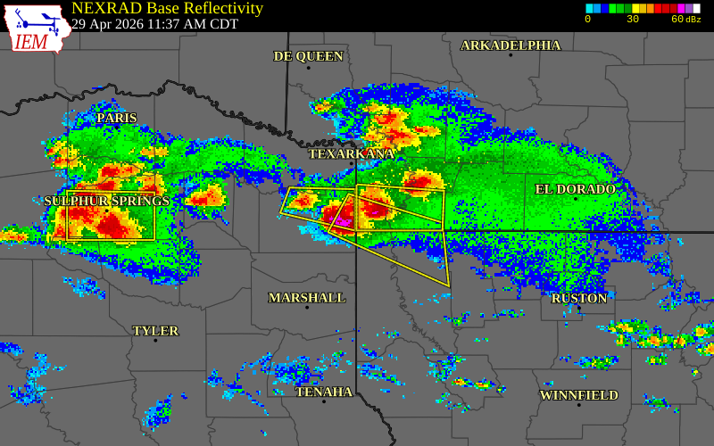 NEXRAD radar during the Wednesday, April 29, 2026 storm activity in Miller County, Arkansas