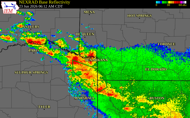 NEXRAD radar during the Tuesday, June 23, 2026 storm activity in Miller County, Arkansas