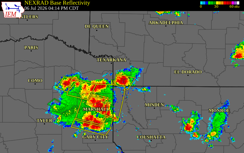 NEXRAD radar during the Monday, July 6, 2026 storm activity in Miller County, Arkansas