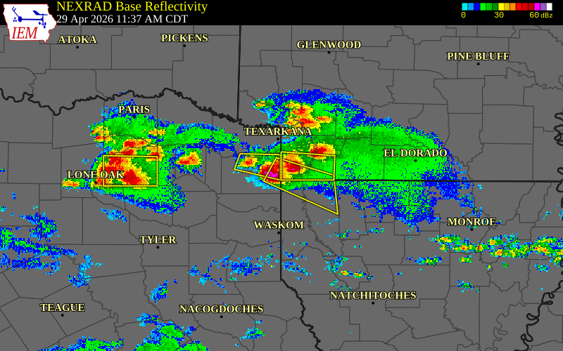 Radar snapshot during the Apr 29, 2026 hail event near 16 SSW Fouke, Miller County, Arkansas, with NWS warning polygons
