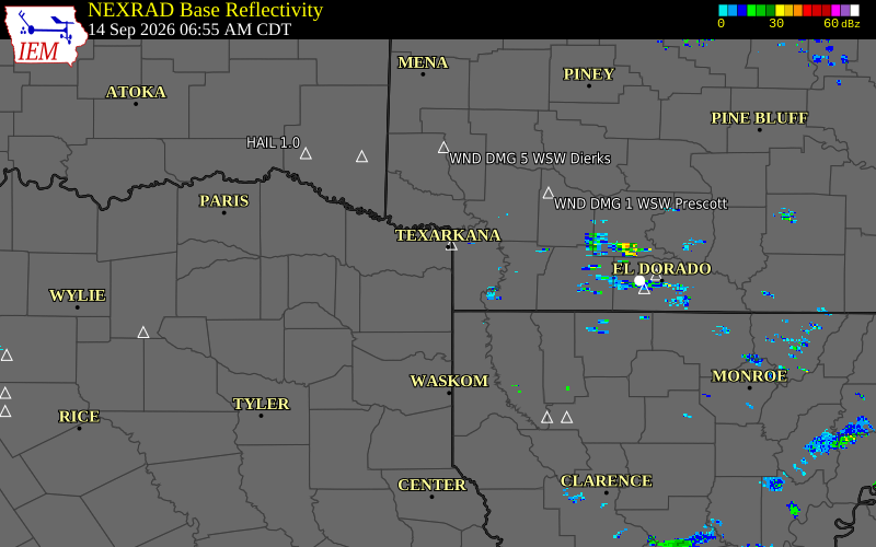Current NEXRAD radar over Miller County, Arkansas with recent storm report locations
