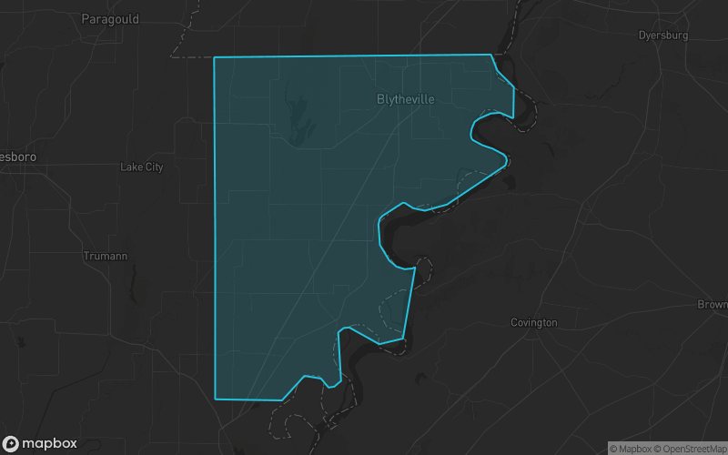 Map of Mississippi County, Arkansas showing the county boundary and surrounding cities