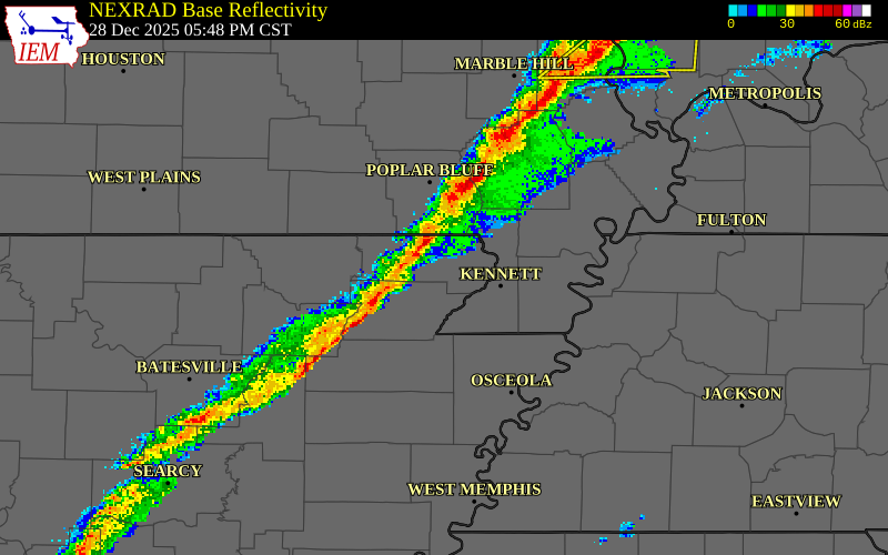 NEXRAD radar during the Sunday, December 28, 2025 storm activity in Mississippi County, Arkansas