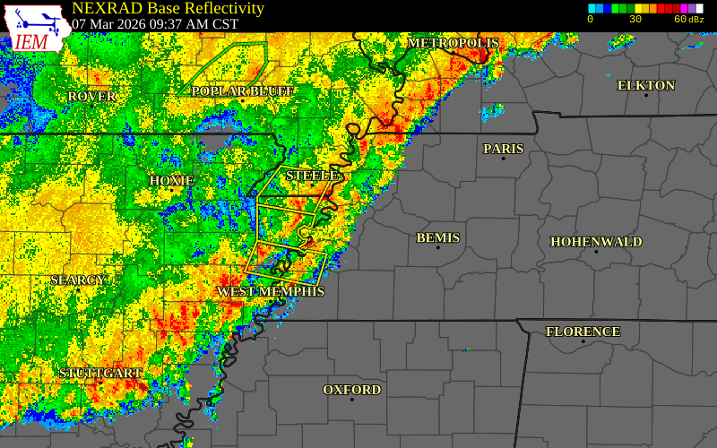 Radar snapshot during the Mar 7, 2026 wind event near Mississippi County, Mississippi County, Arkansas, with NWS warning polygons