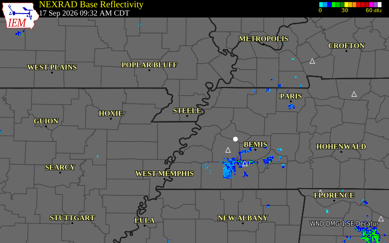 Current NEXRAD radar over Mississippi County, Arkansas with recent storm report locations
