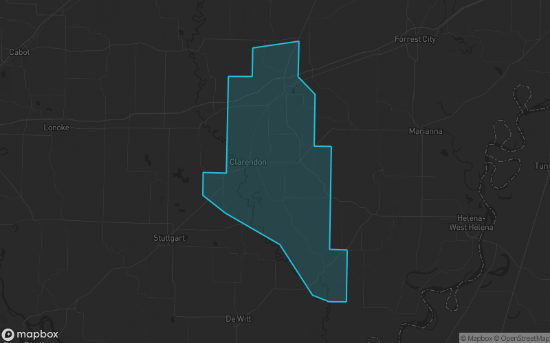 Map of Monroe County, Arkansas showing the county boundary and surrounding cities