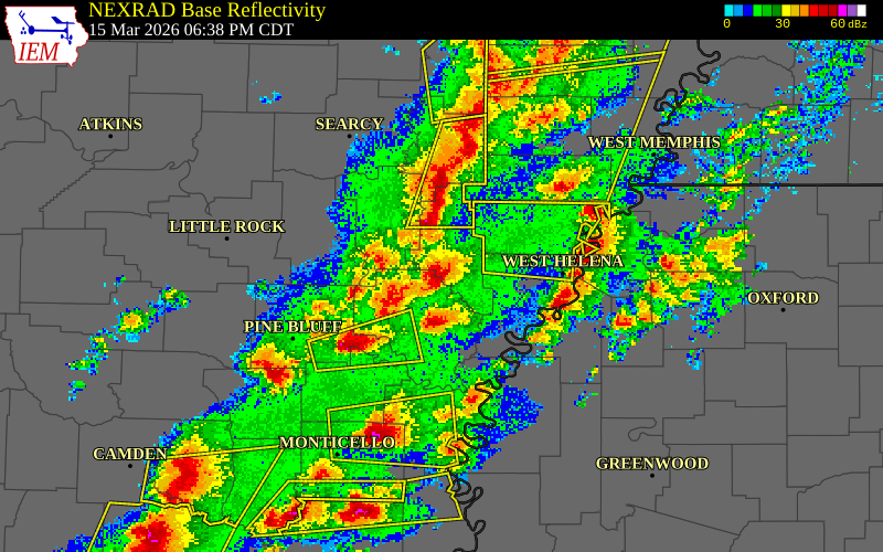 NEXRAD radar during the Sunday, March 15, 2026 storm activity in Monroe County, Arkansas