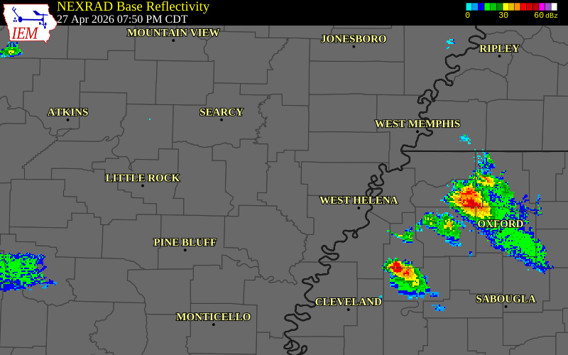 NEXRAD radar during the Monday, April 27, 2026 storm activity in Monroe County, Arkansas