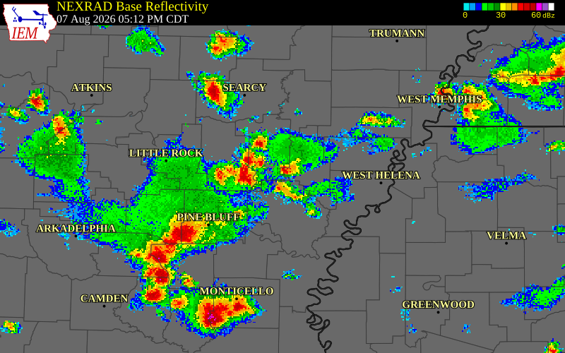 NEXRAD radar during the Friday, August 7, 2026 storm activity in Monroe County, Arkansas