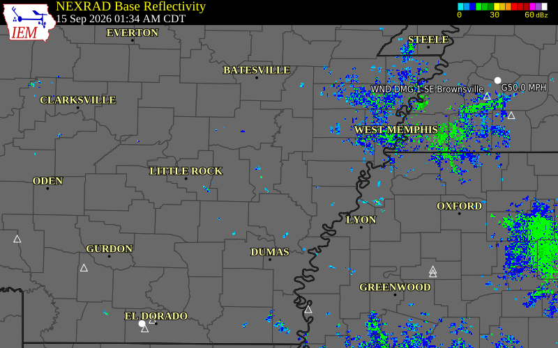 Current NEXRAD radar over Monroe County, Arkansas with recent storm report locations