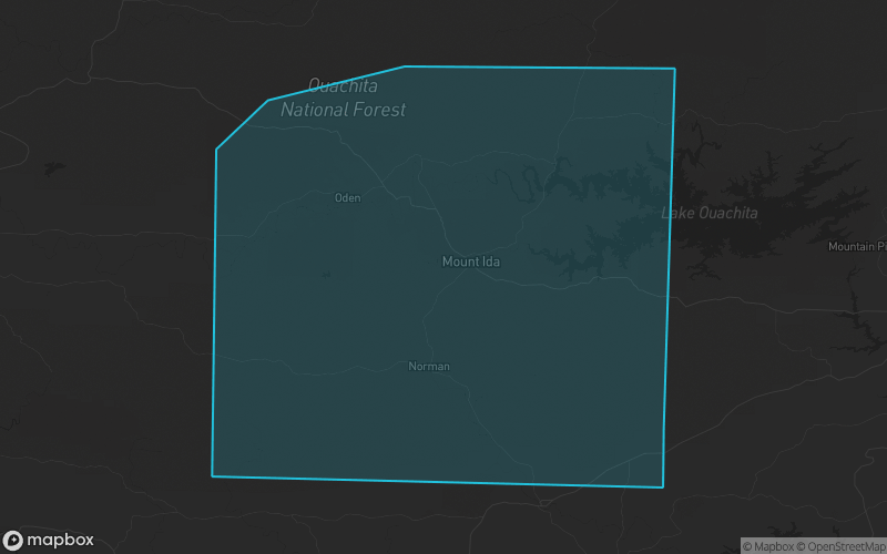 Map of Montgomery County, Arkansas showing the county boundary and surrounding cities