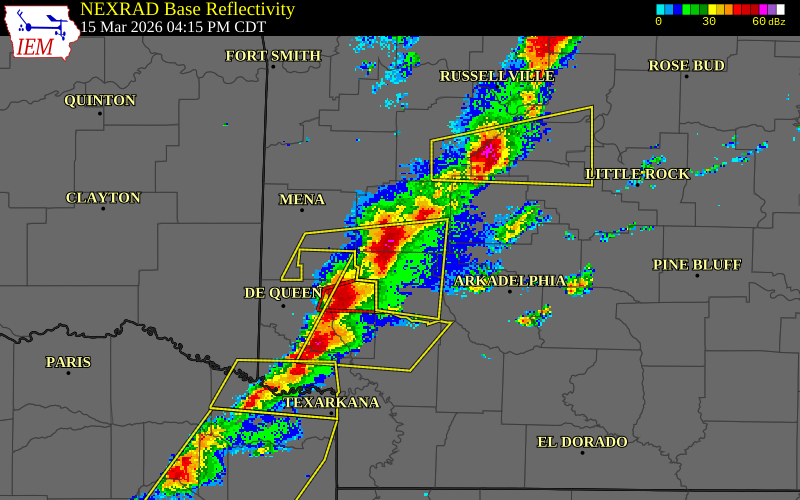 NEXRAD radar during the Sunday, March 15, 2026 storm activity in Montgomery County, Arkansas