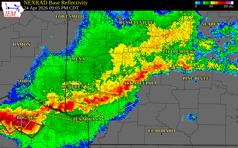 NEXRAD radar during the Friday, April 24, 2026 storm activity in Montgomery County, Arkansas