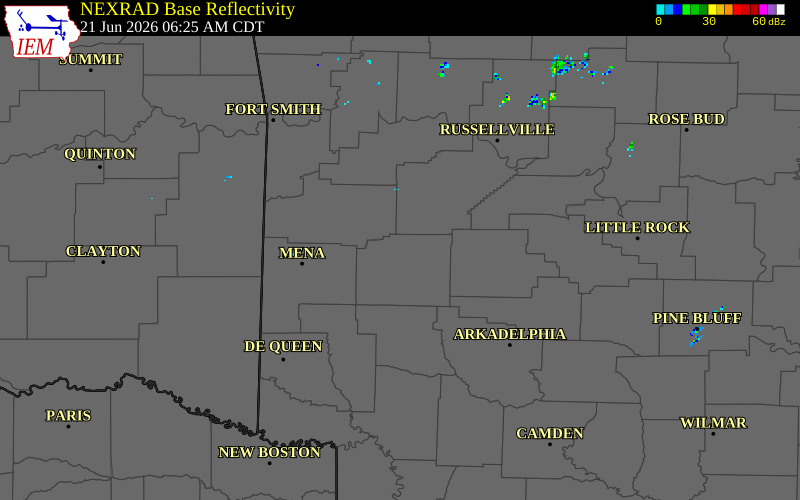 NEXRAD radar during the Sunday, June 21, 2026 storm activity in Montgomery County, Arkansas