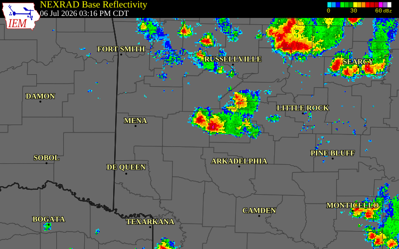 NEXRAD radar during the Monday, July 6, 2026 storm activity in Montgomery County, Arkansas