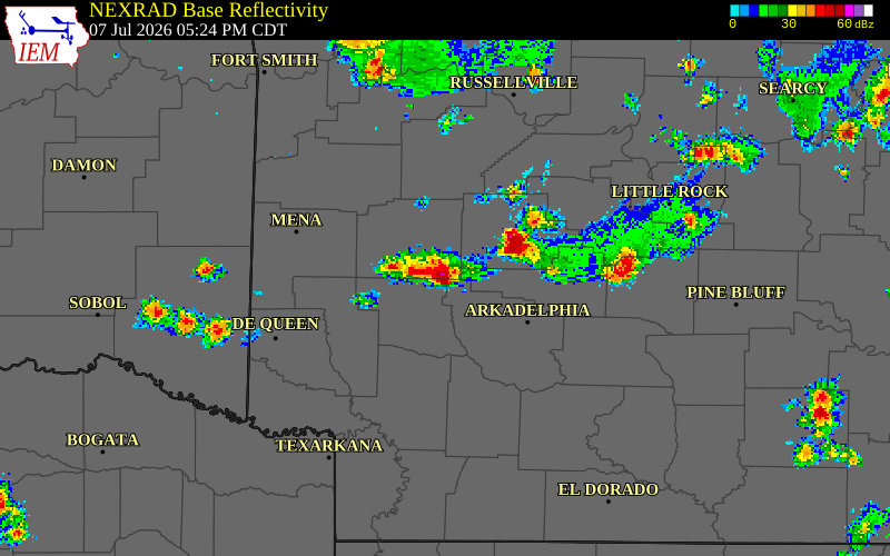 NEXRAD radar during the Tuesday, July 7, 2026 storm activity in Montgomery County, Arkansas