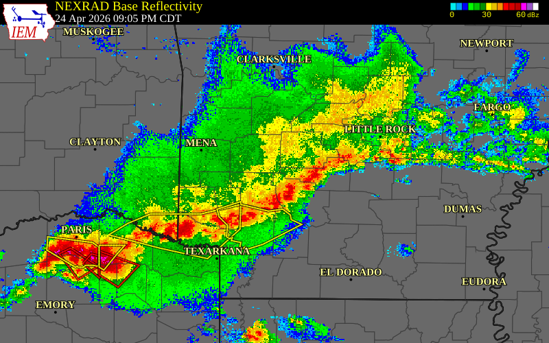 Radar snapshot during the Apr 24, 2026 hail event near Welsh, Montgomery County, Arkansas, with NWS warning polygons