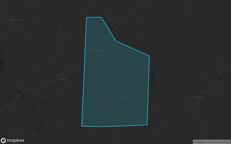 Map of Nevada County, Arkansas showing the county boundary and surrounding cities