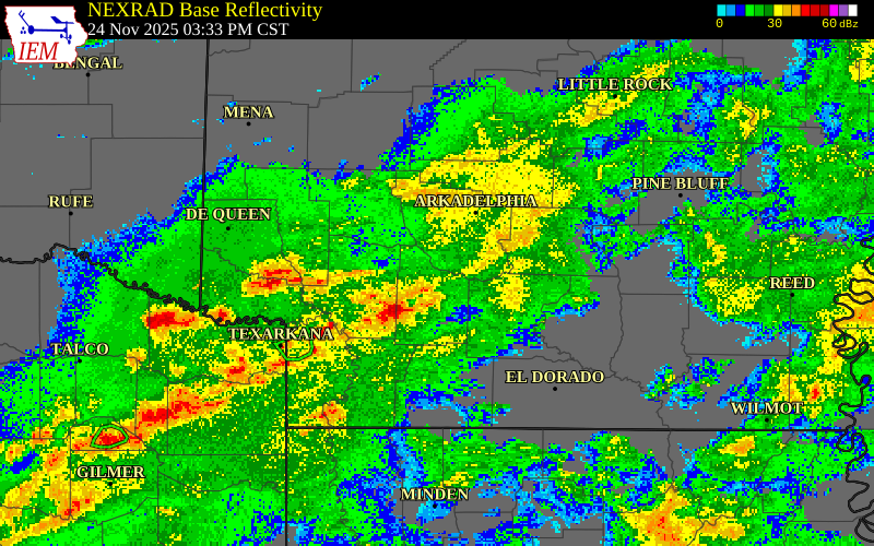 NEXRAD radar during the Monday, November 24, 2025 storm activity in Nevada County, Arkansas