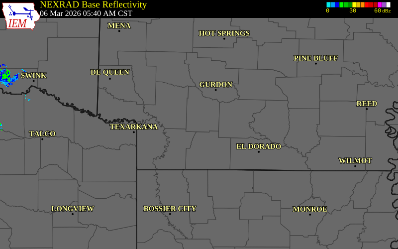NEXRAD radar during the Friday, March 6, 2026 storm activity in Nevada County, Arkansas