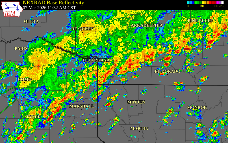 NEXRAD radar during the Saturday, March 7, 2026 storm activity in Nevada County, Arkansas