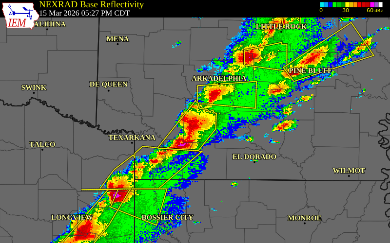 NEXRAD radar during the Sunday, March 15, 2026 storm activity in Nevada County, Arkansas