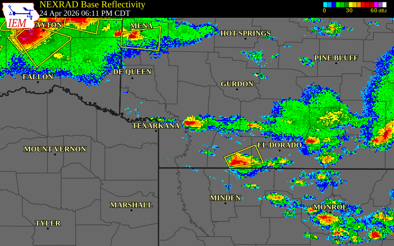 NEXRAD radar during the Friday, April 24, 2026 storm activity in Nevada County, Arkansas