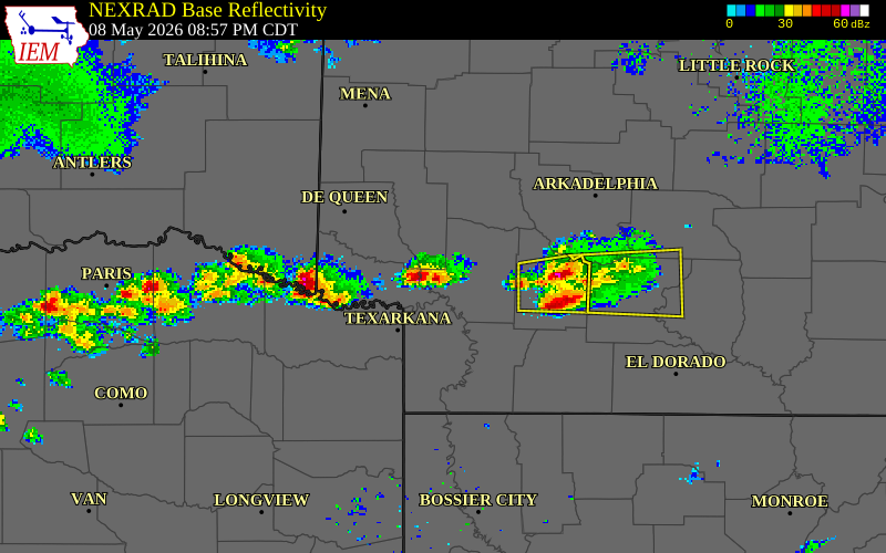 NEXRAD radar during the Friday, May 8, 2026 storm activity in Nevada County, Arkansas