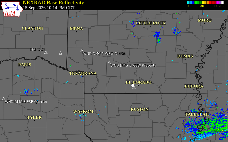 Current NEXRAD radar over Nevada County, Arkansas with recent storm report locations