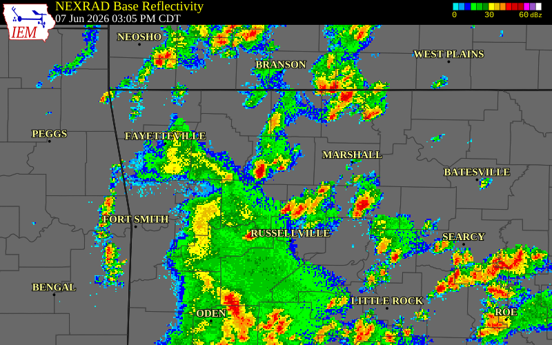 NEXRAD radar during the Sunday, June 7, 2026 storm activity in Newton County, Arkansas