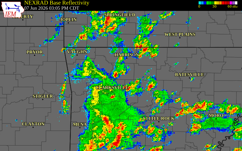 Radar snapshot during the Jun 7, 2026 tornado event near 2 E Nail, Newton County, Arkansas, with NWS warning polygons